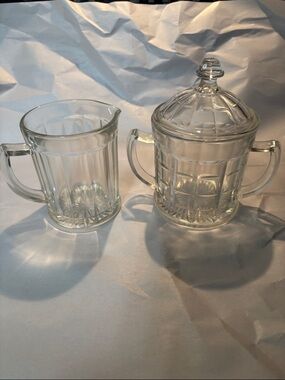 Hazel Atlas Clear Glass Creamer (Panel) & Covered Sugar Dish (Colonial Block)